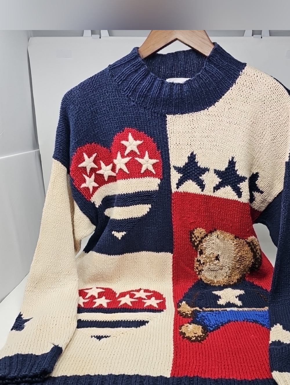 Marisa Christina Classics Chunky Navy, Cream & Red Teddy Bear Star Patch Sweater